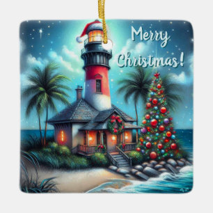 Whimsical Tropical Christmas Lighthouse Teal Red Ceramic Ornament