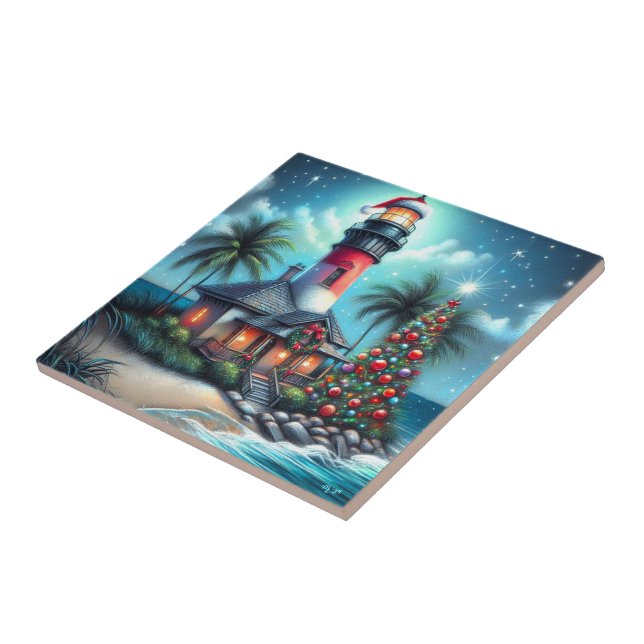 Whimsical Tropical Christmas Lighthouse Teal Red Ceramic Tile (Side)
