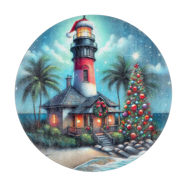 Whimsical Tropical Christmas Lighthouse Teal Red Cutting Board (Front)