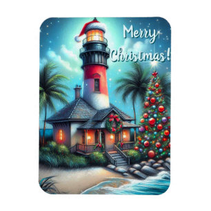 Whimsical Tropical Christmas Lighthouse Teal Red Magnet
