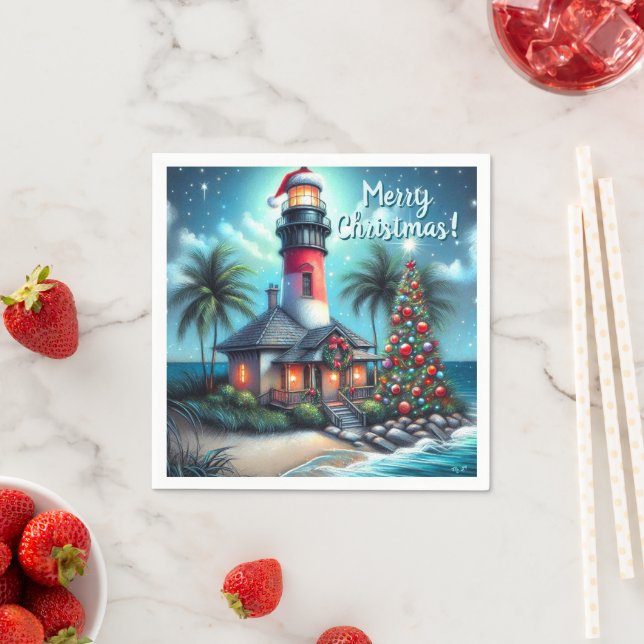 Whimsical Tropical Christmas Lighthouse Teal Red Napkins (Insitu)