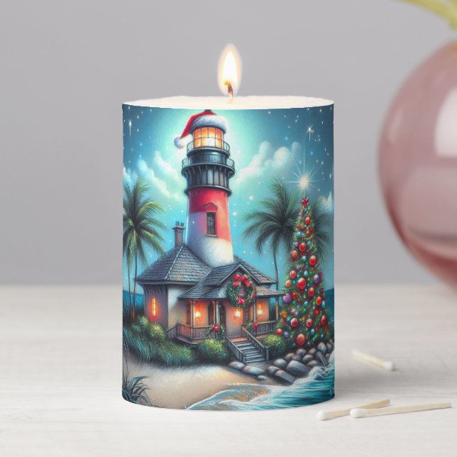 Whimsical Tropical Christmas Lighthouse Teal Red Pillar Candle (In Situ)