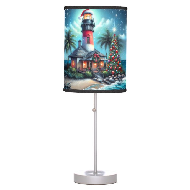 Whimsical Tropical Christmas Lighthouse Teal Red Table Lamp (Front)