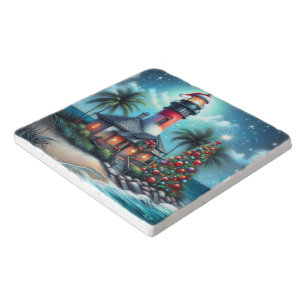 Whimsical Tropical Christmas Lighthouse Teal Red Trivet