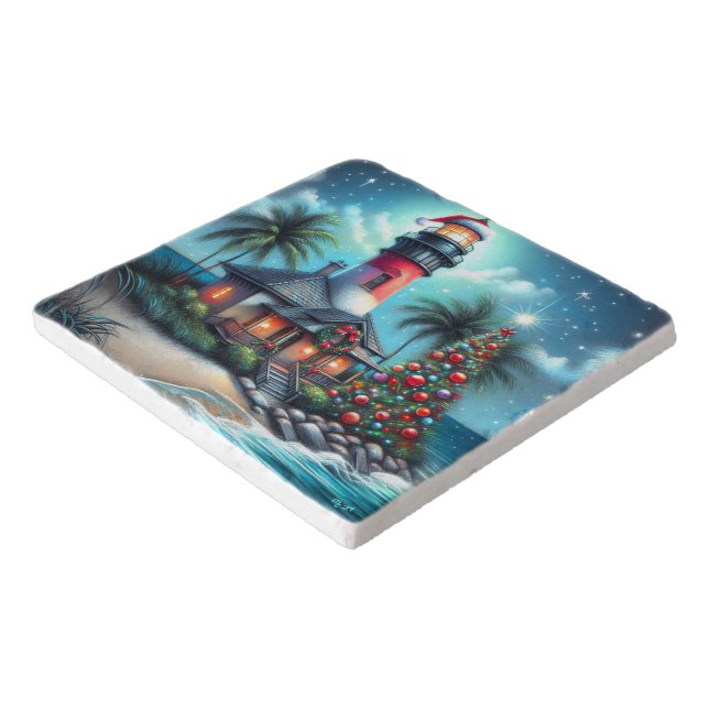 Whimsical Tropical Christmas Lighthouse Teal Red Trivet (Corner)