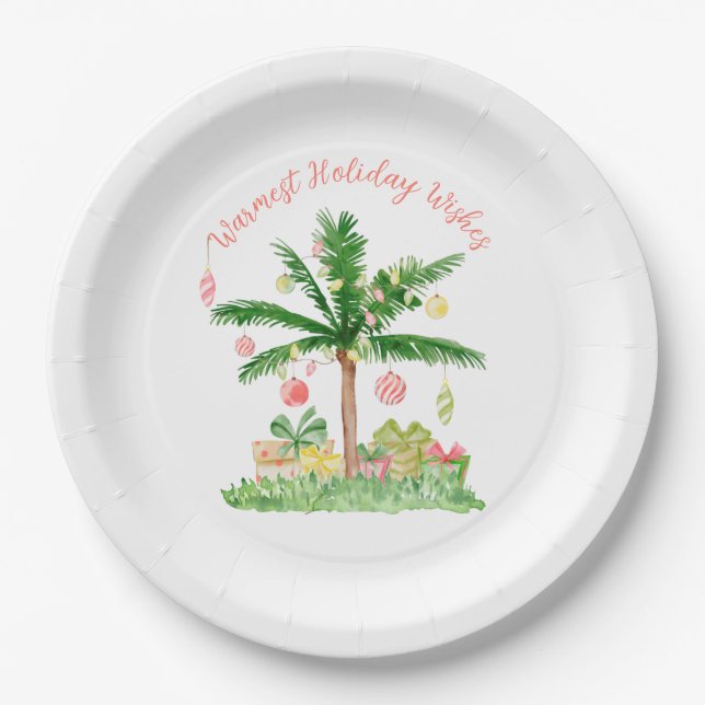 Whimsical Tropical Christmas Lights Holiday Scene Paper Plates (Front)