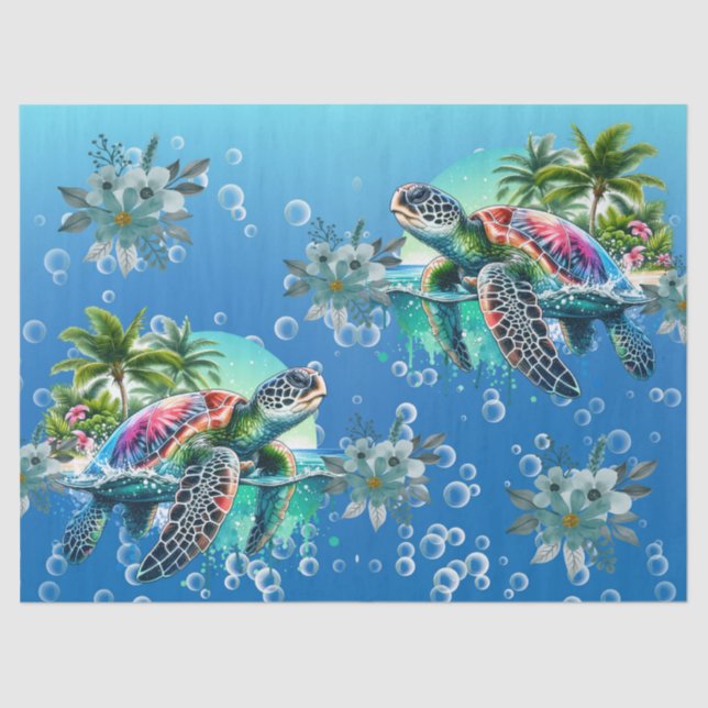 Whimsical Tropical Colorful Sea Turtle Florals Tissue Paper (Front)