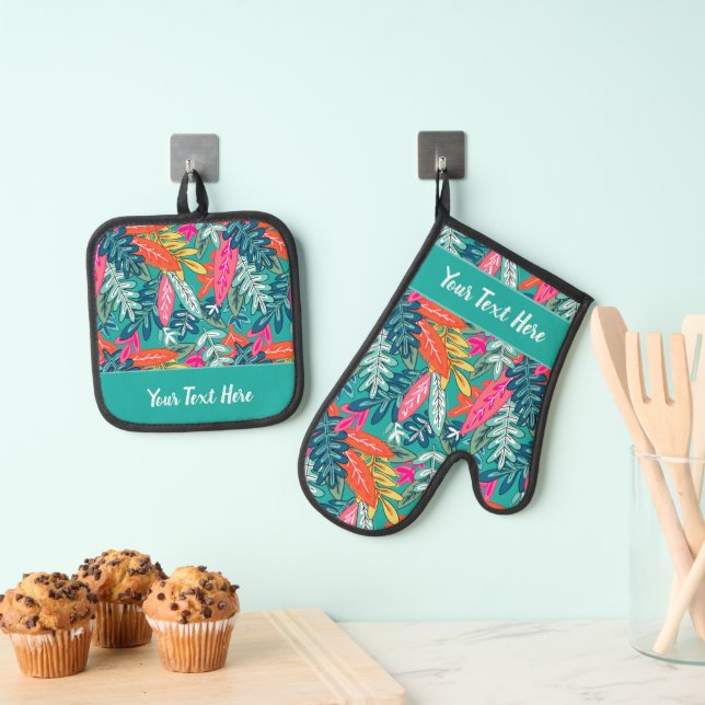 Whimsical Tropical Floral Leaf Print Oven Mitt & Pot Holder Set (Insitu(Hanging))