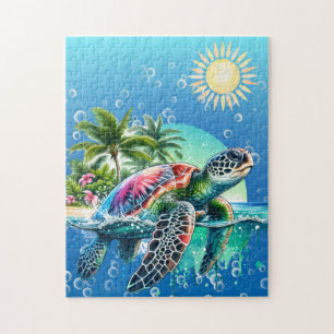 Whimsical Tropical Floral Sea Turtle Jigsaw Puzzle