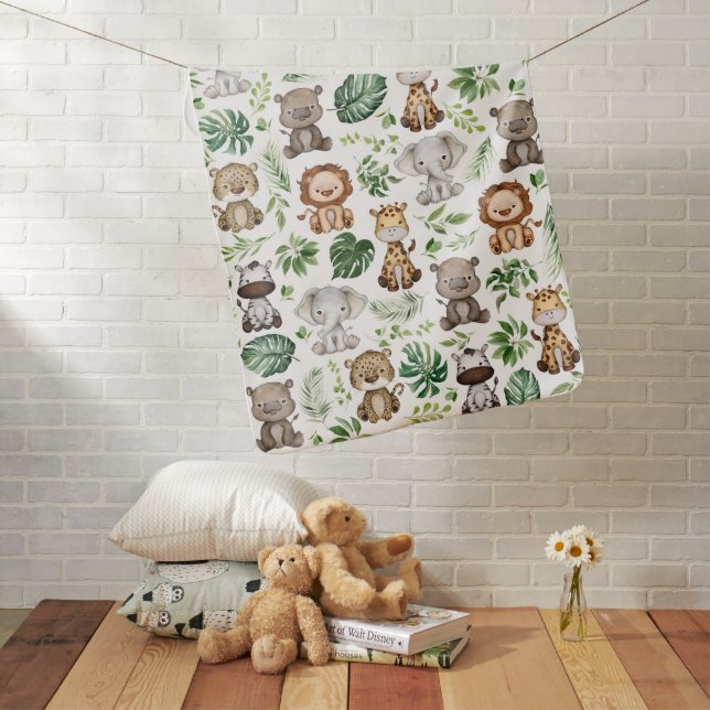 Whimsical Tropical Jungle Safari Wild Animals Boy Baby Blanket (In Situ)