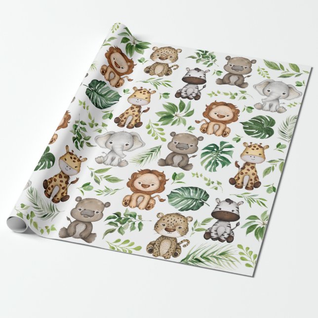 Whimsical Tropical Jungle Safari Wild Animals Wrapping Paper (Unrolled)