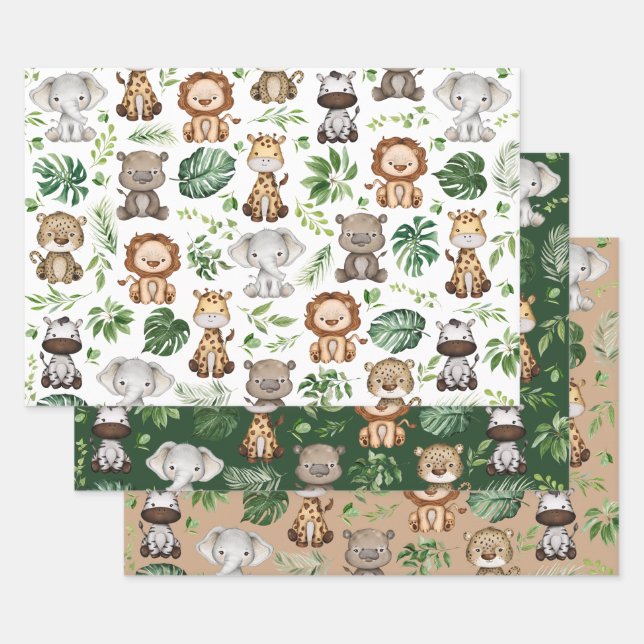 Whimsical Tropical Jungle Safari Wild Animals Wrapping Paper Sheets (Set)