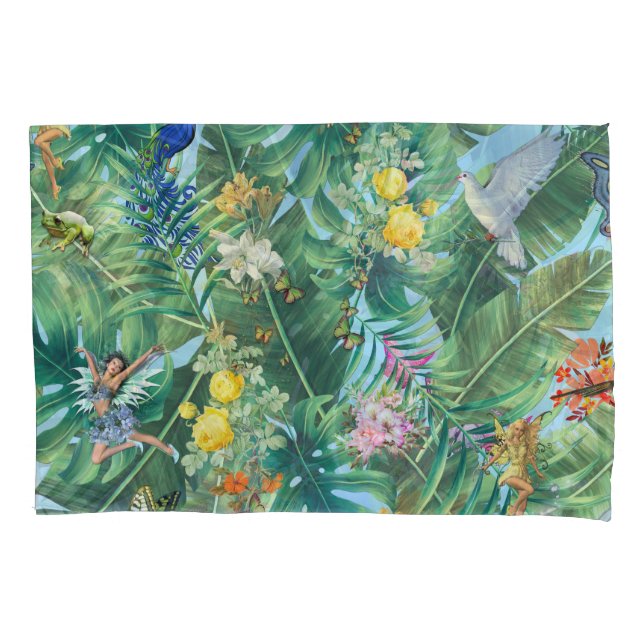 Whimsical Tropical World of Fairies, & Butterflies Pillow Case (Front)