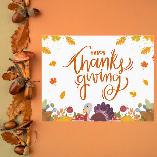 Whimsical Turkey and Autumn Leaves Thanksgiving Holiday Postcard