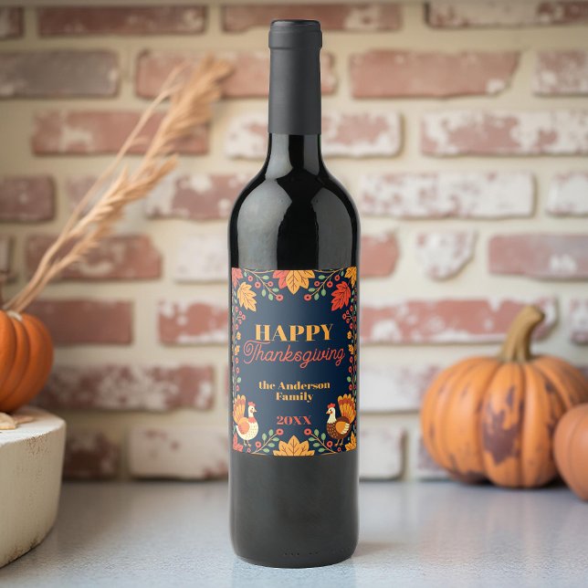 Whimsical Turkeys and Fall Leaves Thanksgiving Wine Label (Creator Uploaded)