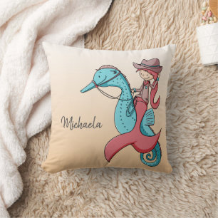 Whimsical Turquoise Mermaid Cowgirl  Throw Pillow