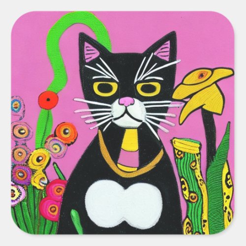 Whimsical Tuxedo Cat with Flower Folk Art Square Sticker