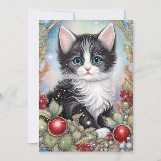 Whimsical Tuxedo Kitten Holly Berries Frame  Holiday Card (Front)