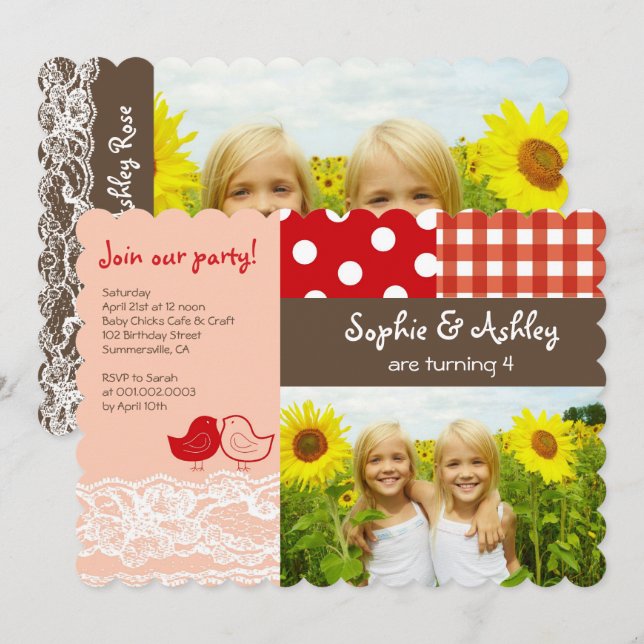 Whimsical Twin Birds Lace Birthday Party Invite (Front/Back)