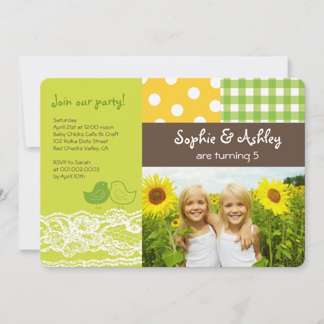 Whimsical Twin Birds Lace Birthday Party Photo Invitation (Front)