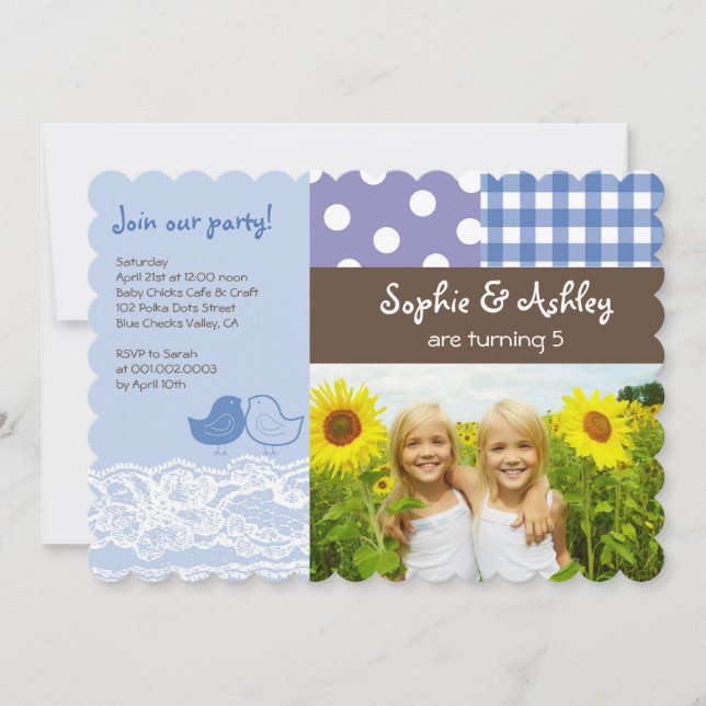 Whimsical Twin Birds Lace Birthday Party Photo Invitation (Front)