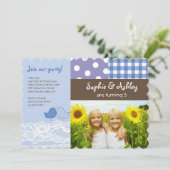 Whimsical Twin Birds Lace Birthday Party Photo Invitation (Standing Front)