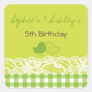 Whimsical Twin Birds Lace Birthday Party Sticker