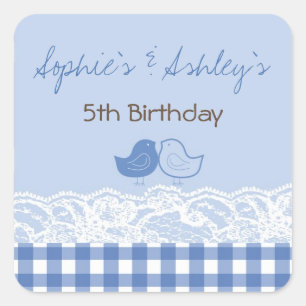 Whimsical Twin Birds Lace Birthday Party Sticker