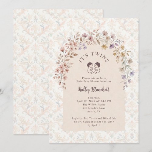 Whimsical Twin Boys Baby Shower Floral LPM26 Invitation