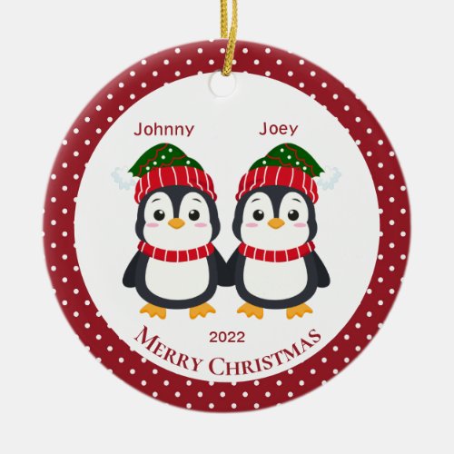 Whimsical Twin Brothers Penguins Personalized   Ceramic Ornament