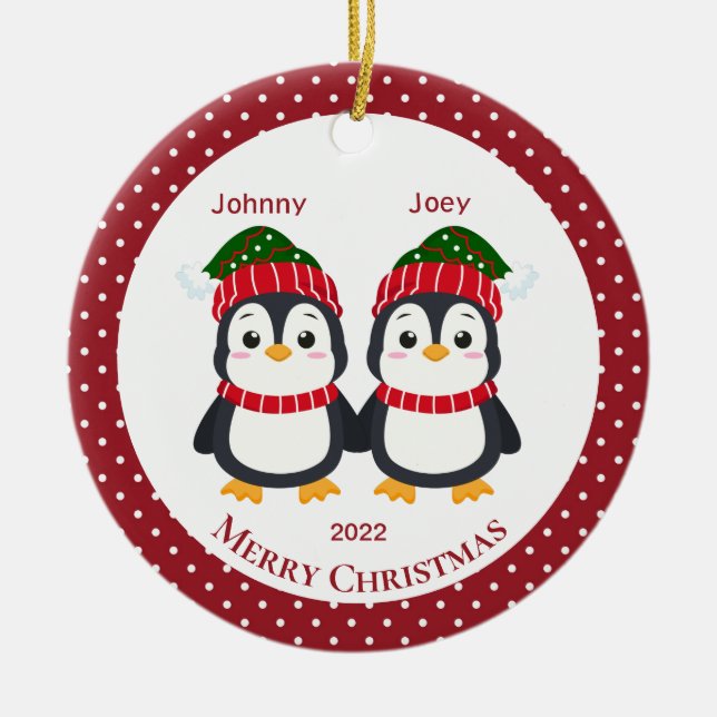 Whimsical Twin Brothers Penguins Personalized   Ceramic Ornament (Front)