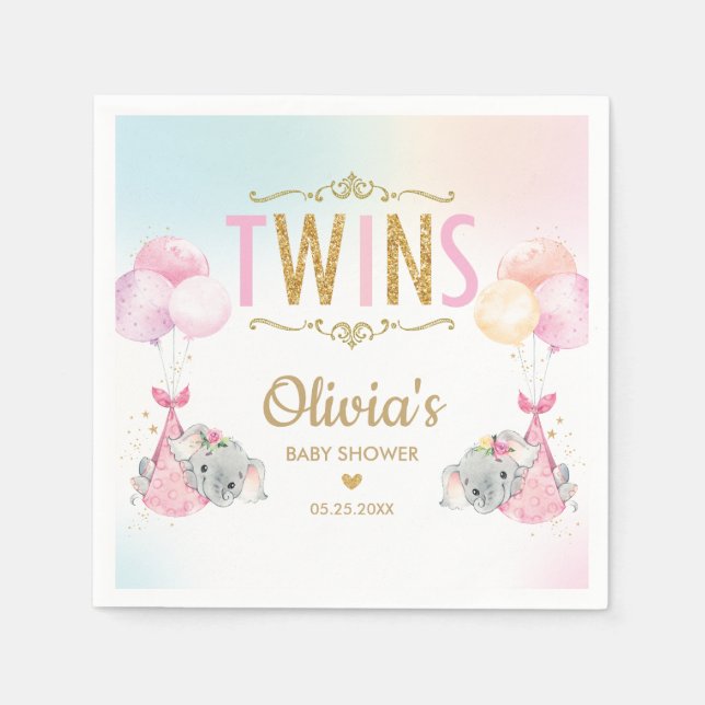Whimsical Twin Girls Elephant Baby Shower Sprinkle Napkins (Front)