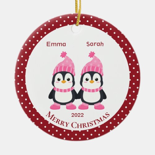 Whimsical Twin Sister Penguins Personalized     Ceramic Ornament