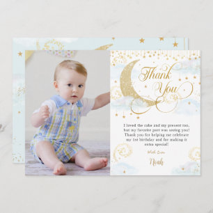 Whimsical Twinkle Little Star Blue Birthday Photo Thank You Card