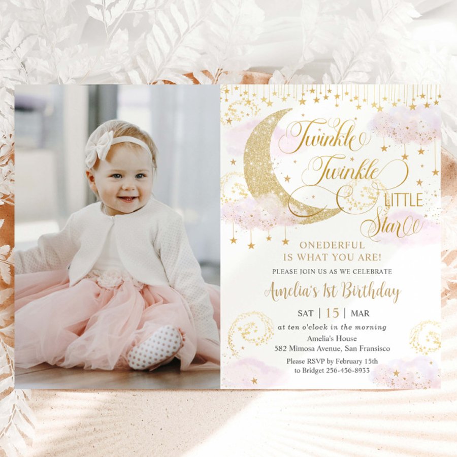 Whimsical Twinkle Little Star Pink 1st Birthday Invitation