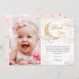Whimsical Twinkle Little Star Pink Birthday Photo Thank You Card