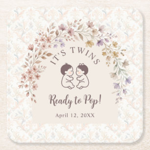 Whimsical Twins Baby Shower Vintage Floral LPM26 Square Paper Coaster