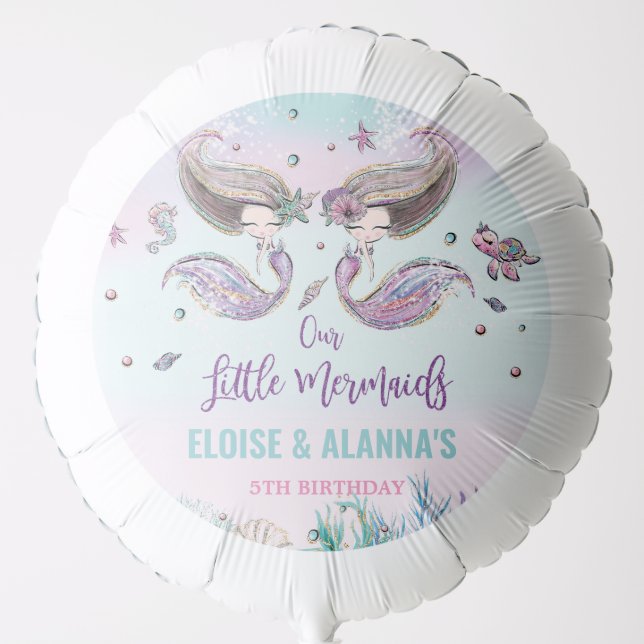 Whimsical Twins Mermaid Sea Pool Party Birthday Balloon (Front)