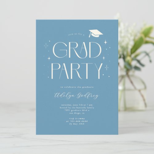 Whimsical Typography Denim Blue Graduation Party Invitation