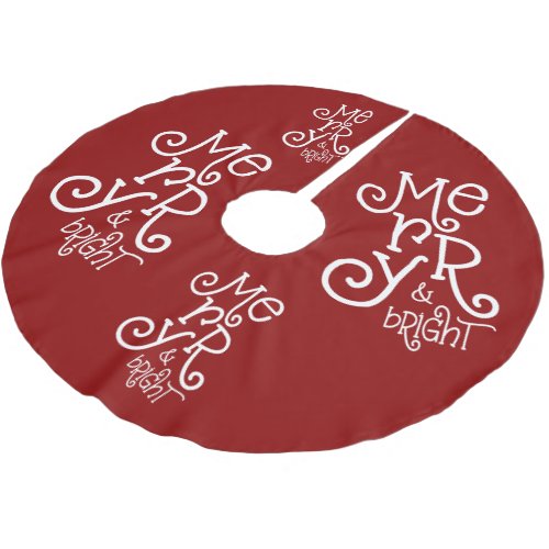 Whimsical Typography Merry Bright White Berry Red Brushed Polyester Tree Skirt