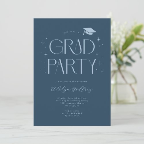 Whimsical Typography Navy Blue Graduation Party Invitation