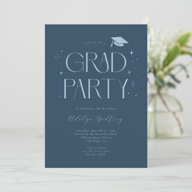 Whimsical Typography Navy Blue Graduation Party Invitation (Standing Front)