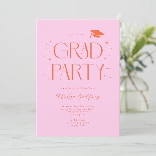 Whimsical Typography Orange Pink Graduation Party Invitation