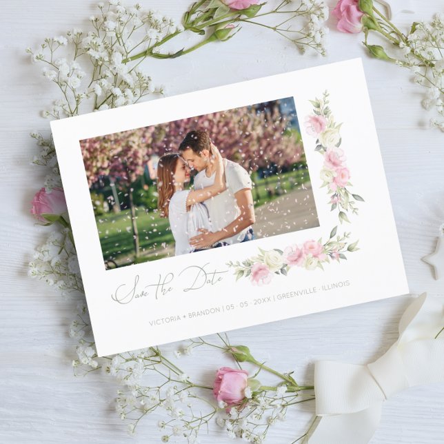 Whimsical Typography Pink Shades Flowers Photo Announcement Postcard