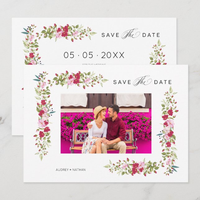 Whimsical Typography Red & Pink Shades Flowers Save The Date (Front/Back)