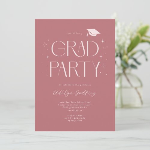 Whimsical Typography Stars Pink Graduation Party Invitation