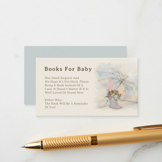 Whimsical Umbrella Floral Boots Books for Baby Enclosure Card (Front/Back In Situ)