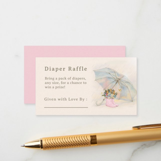 Whimsical Umbrella Floral Pink Boots Diaper Raffle Enclosure Card (Front/Back In Situ)
