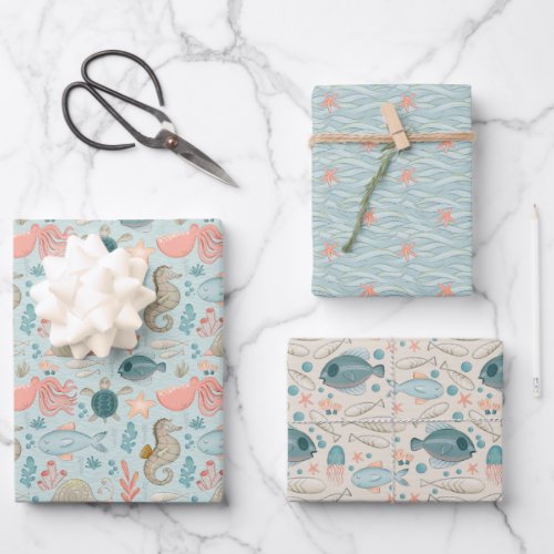 WHIMSICAL UNDER_THE_SEA NAUTICAL TEAL  CORAL WRAPPING PAPER SHEETS