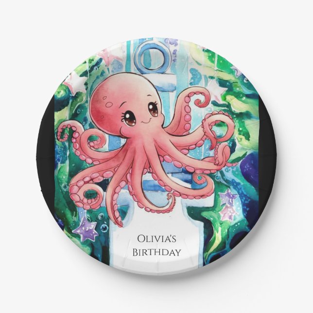 Whimsical Under the Sea Octopus Birthday Paper Plates (Front)